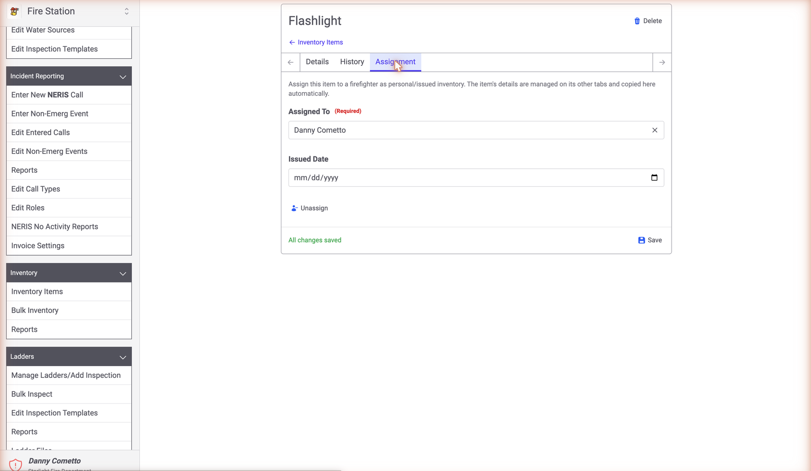 Inventory item assignment screen showing the item assigned to a firefighter