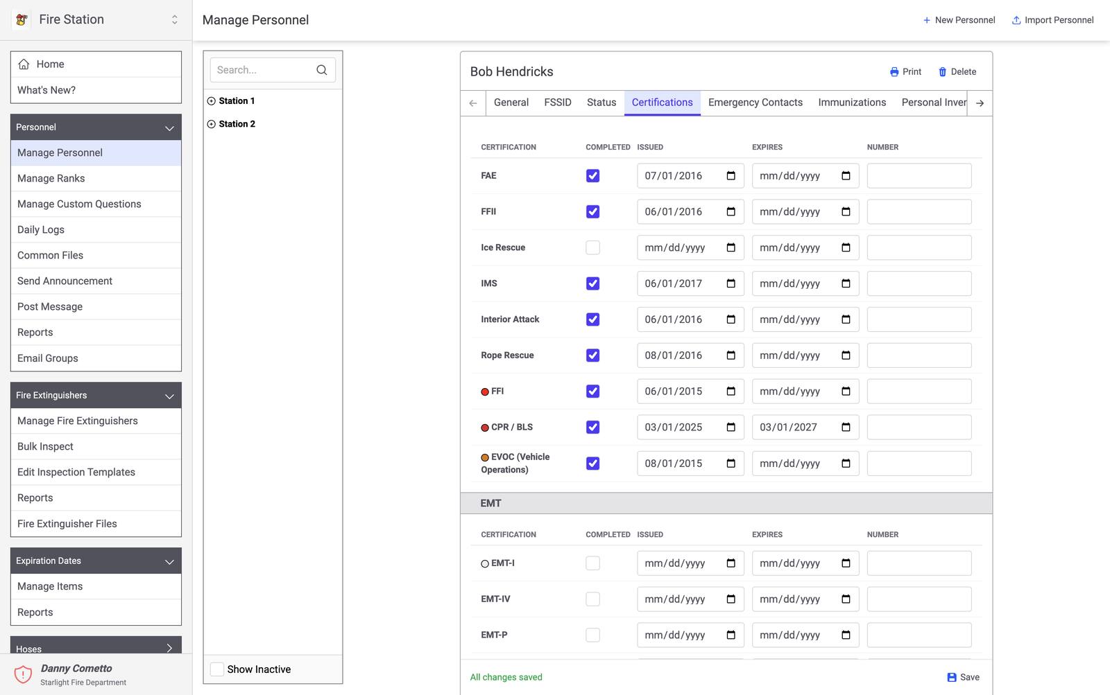 Certifications tab showing certifications with issued and expiration dates