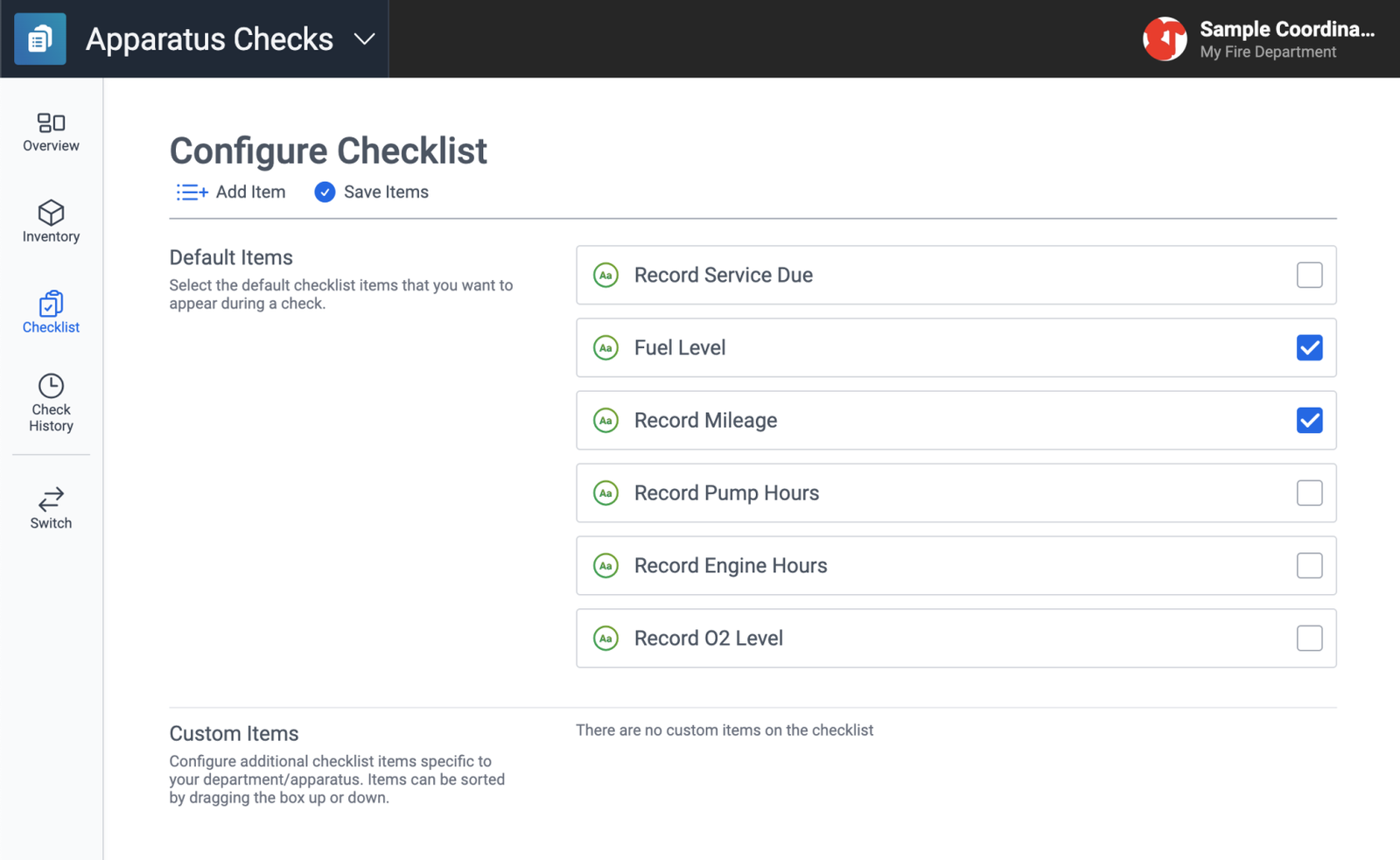 Configure Checklist screen showing customizable apparatus check items