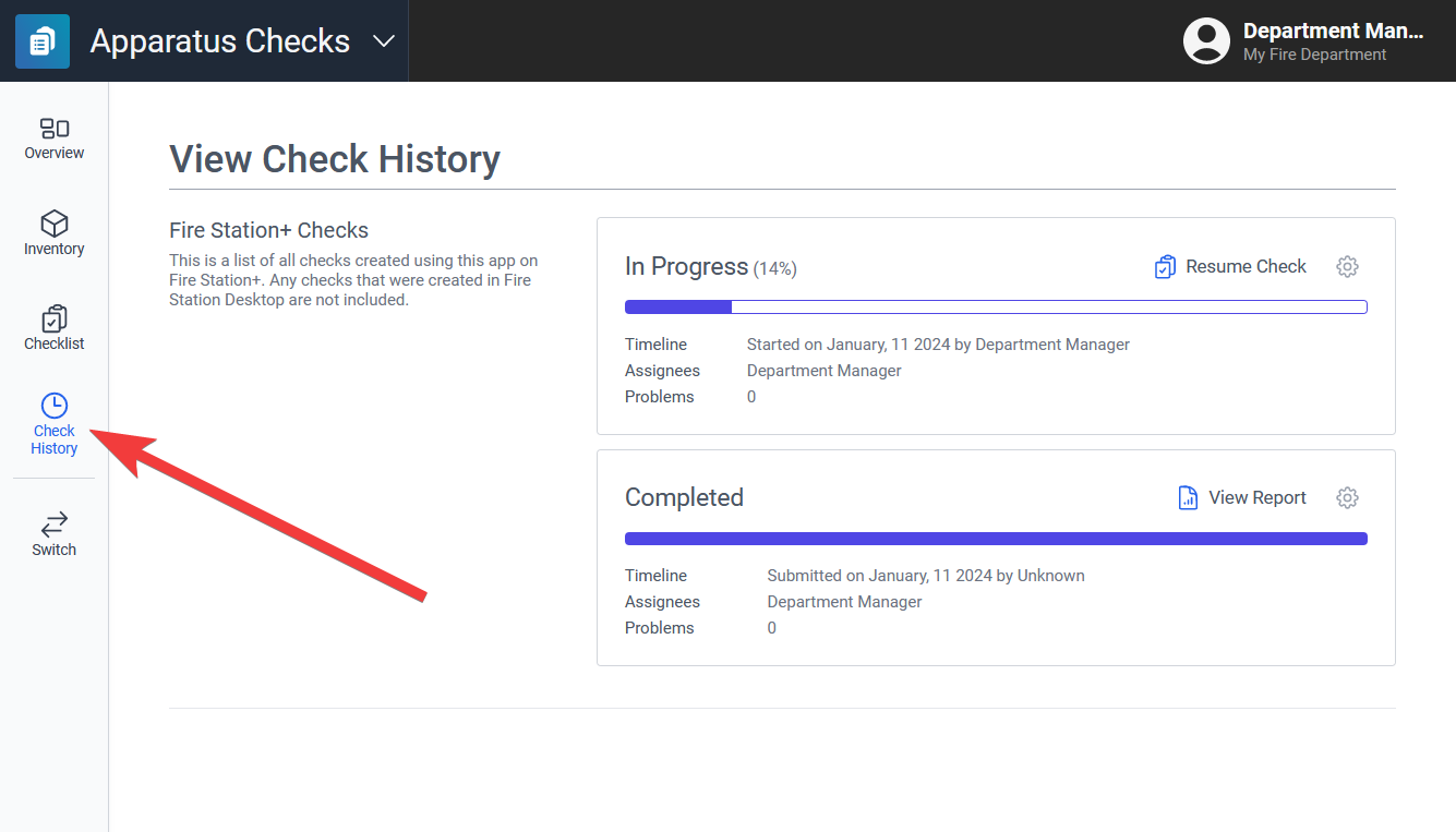 View Check History screen showing in-progress and completed apparatus checks