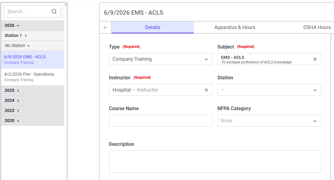 Training event details with a searchable history of past training events