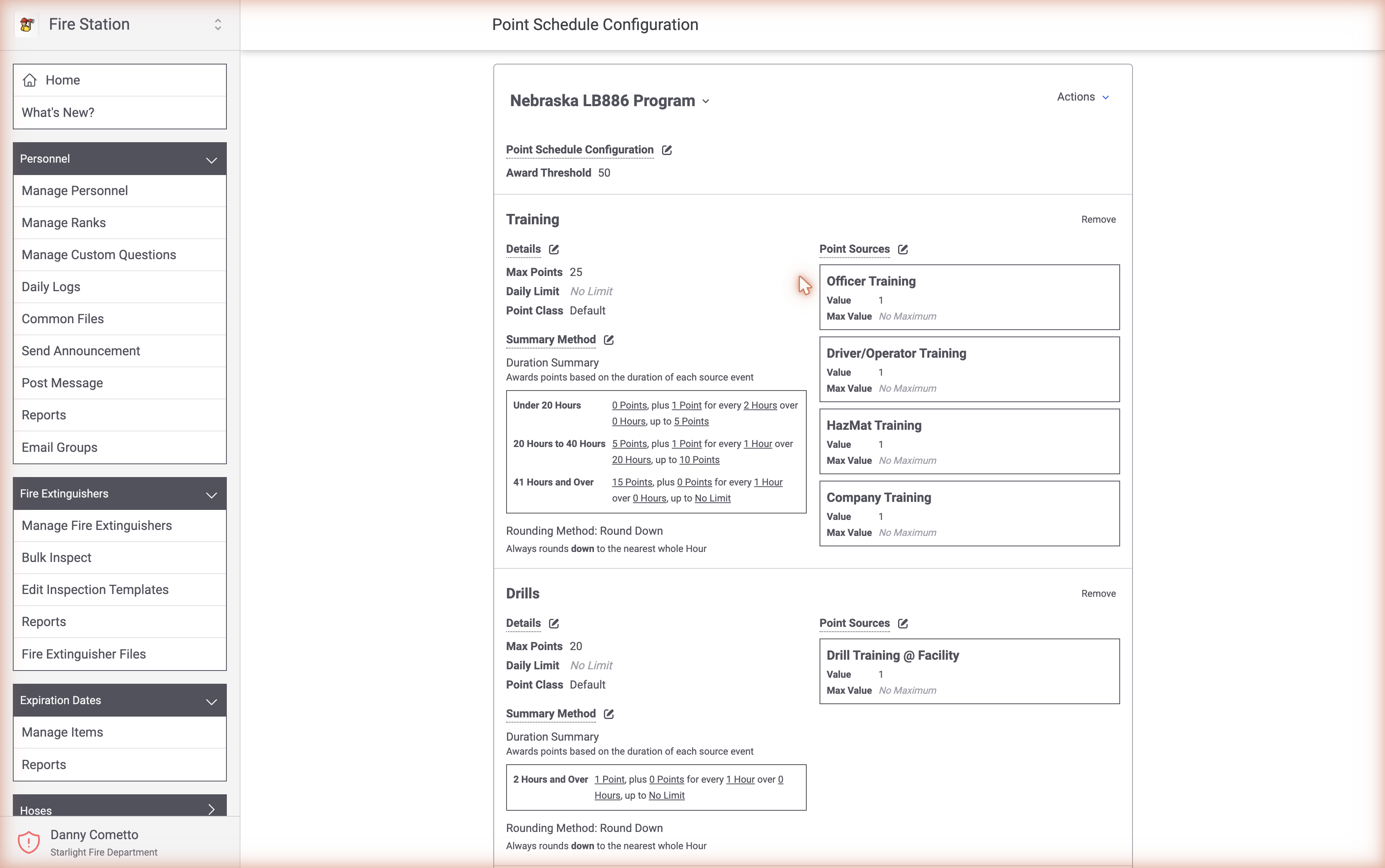 Nebraska LB886 point schedule configuration in Fire Station Software