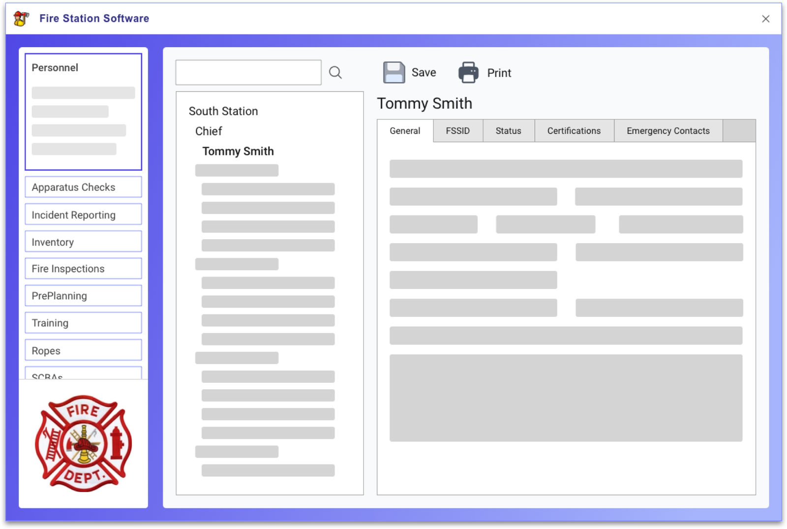 Personnel record in Fire Station Software showing the Certifications tab