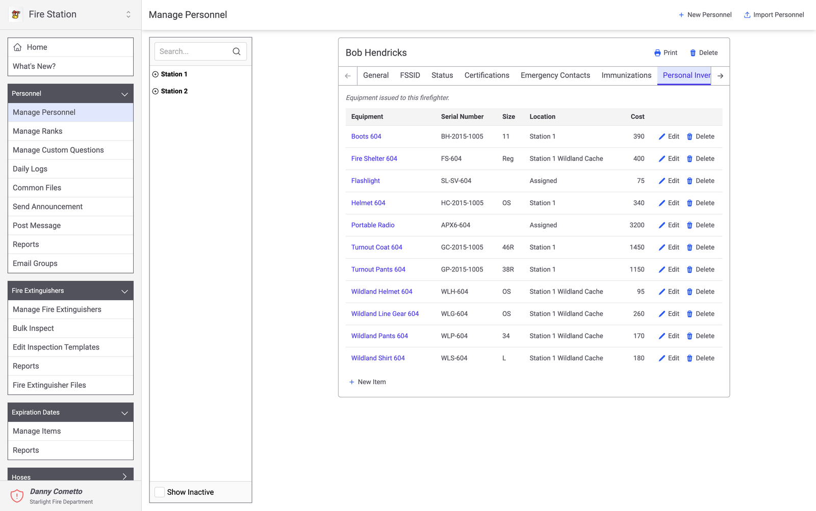 Manage Personnel screen showing a firefighter record with tabs for certifications, contacts, and inventory