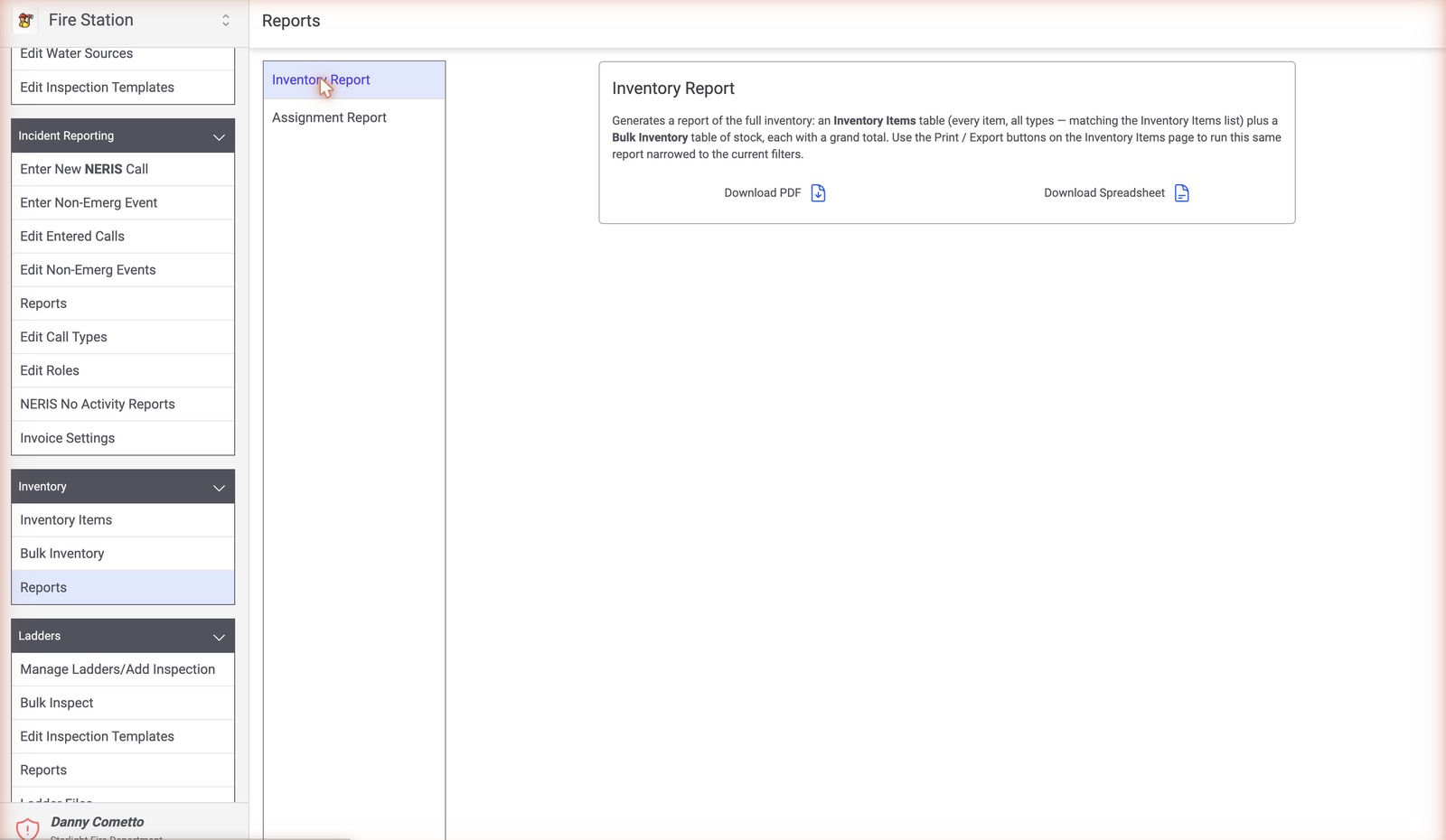 Inventory reports screen with downloadable PDF and spreadsheet reports