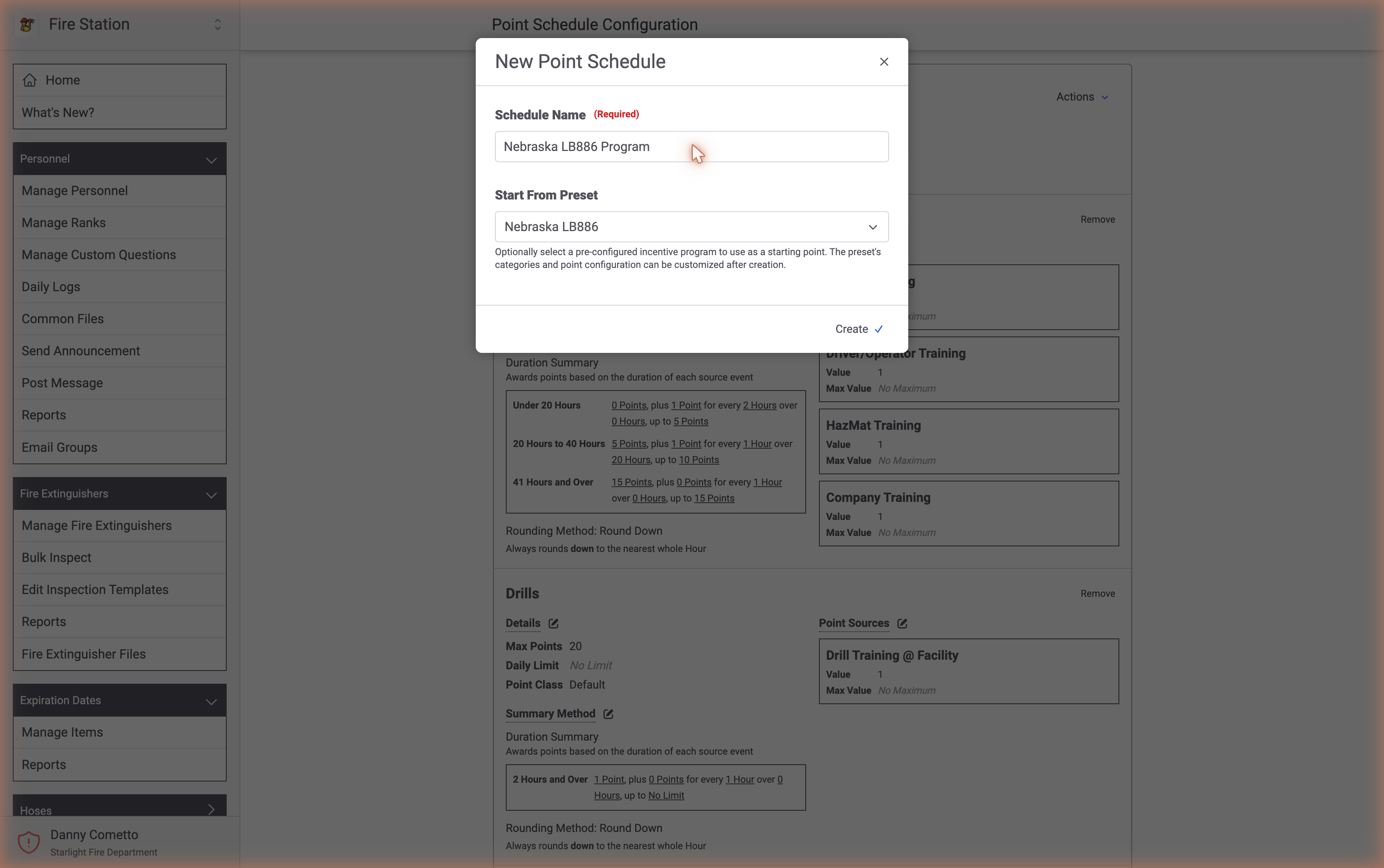 Point schedule setup in Fire Station Software