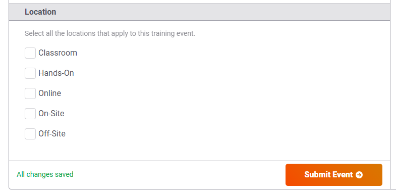 Training event location options: classroom, hands-on, online, on-site, off-site